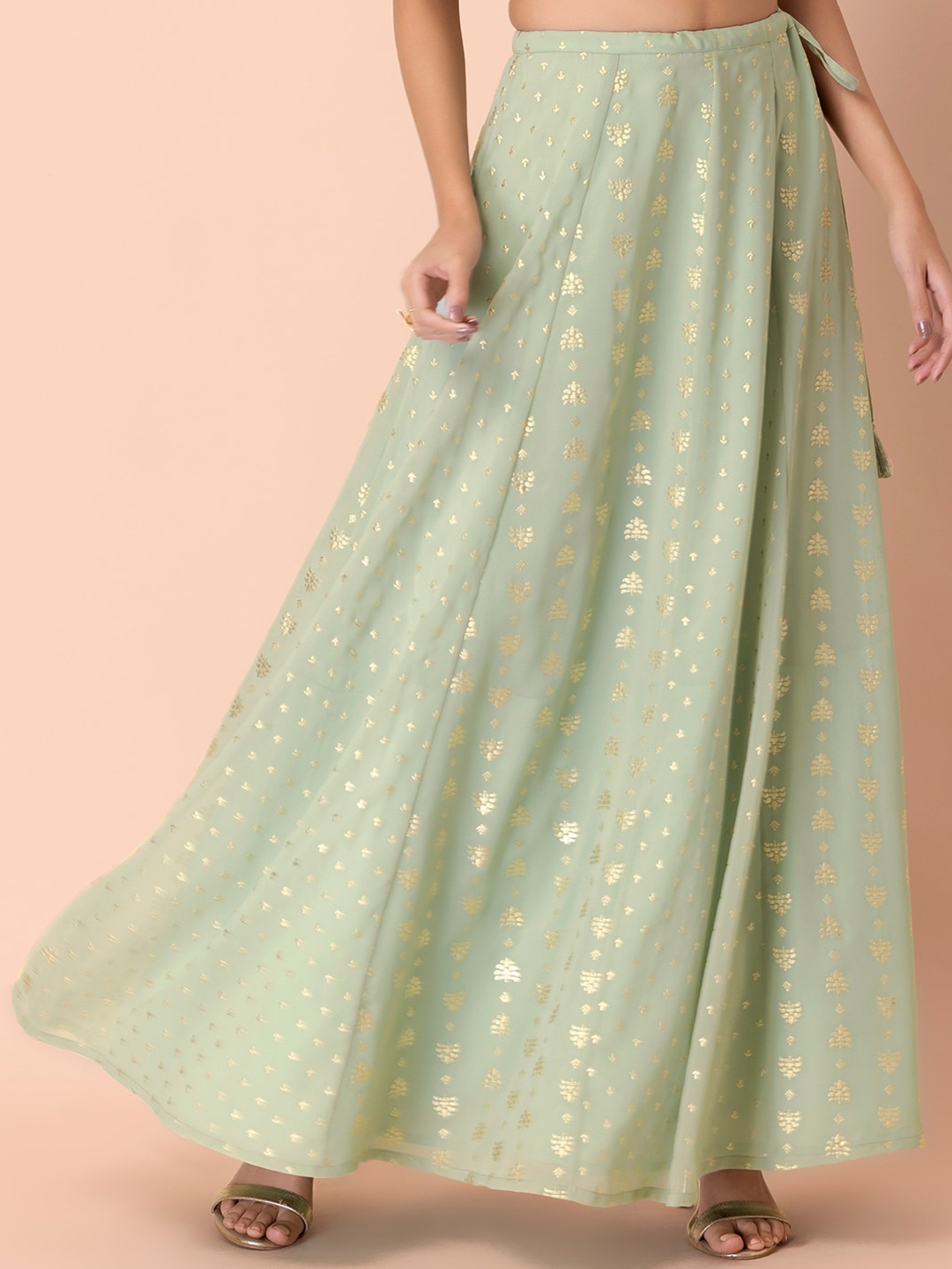 

INDYA Women Pastel Green Foil Printed Maxi Flared Skirts