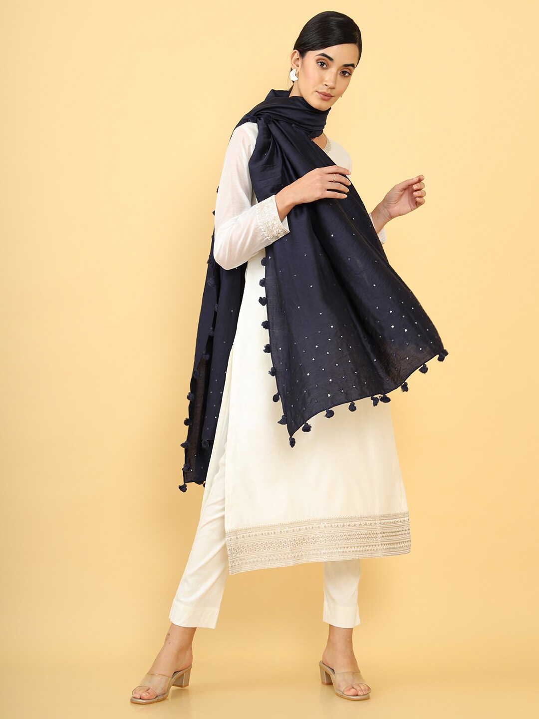 

Soch Navy Blue & White Ethnic Motifs Embroidered Dupatta