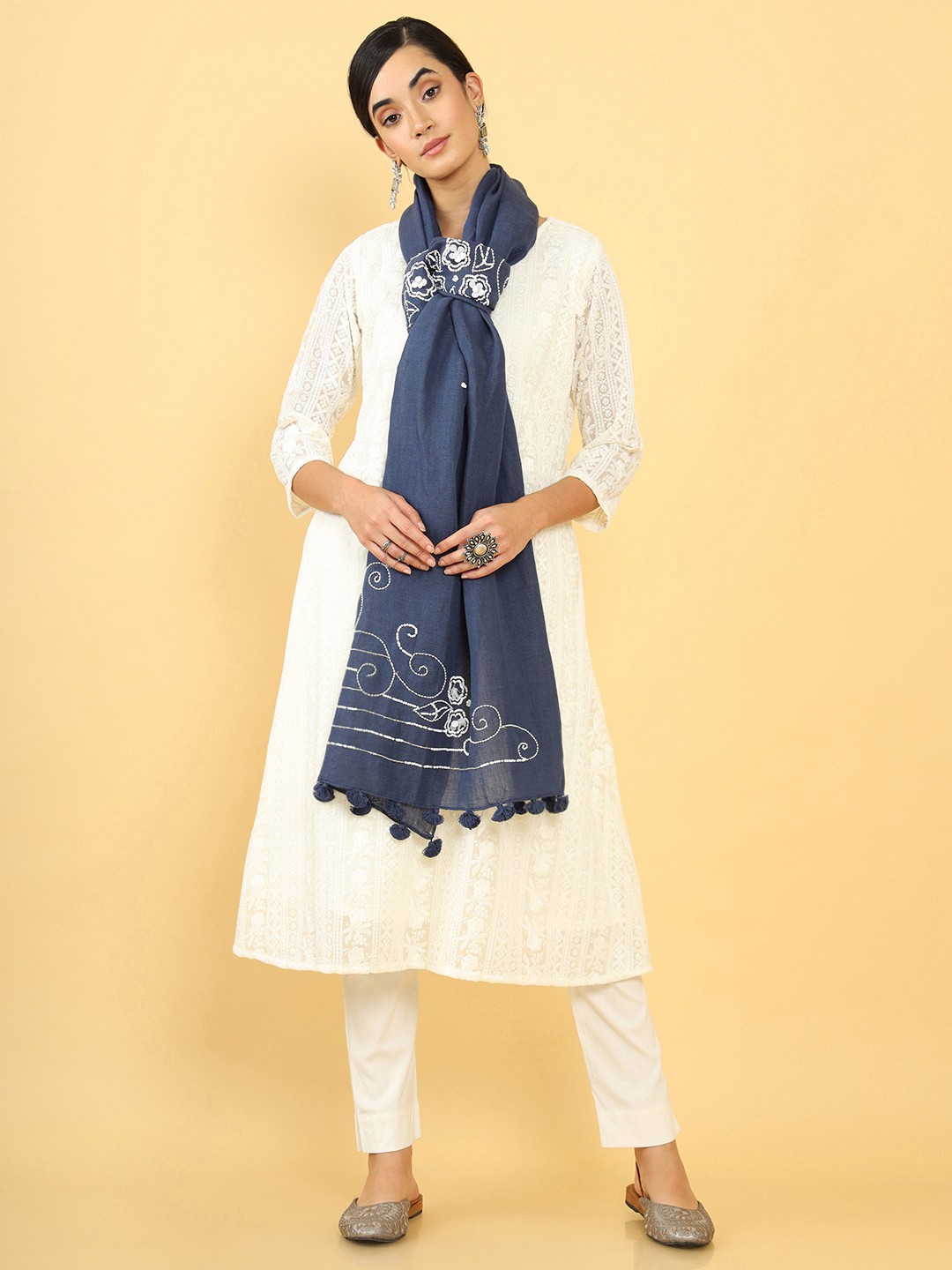 

Soch Blue & White Ethnic Motifs Embroidered Linen Dupatta