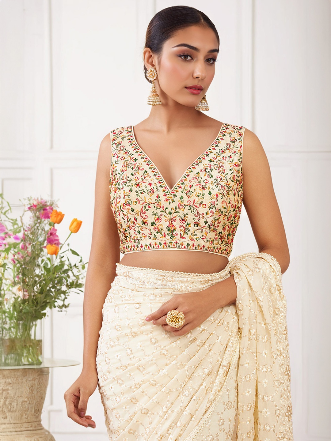 

Soch Beige Embroidered Art Silk Saree Blouse