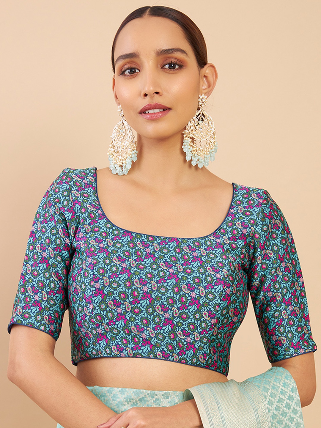 

Soch Woman Printed Art Silk Saree Blouse, Navy blue