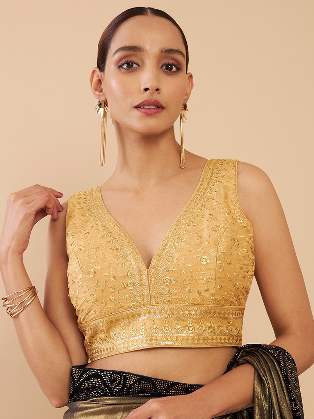 

Soch Women Gold Embroidered Art Silk Saree Blouse