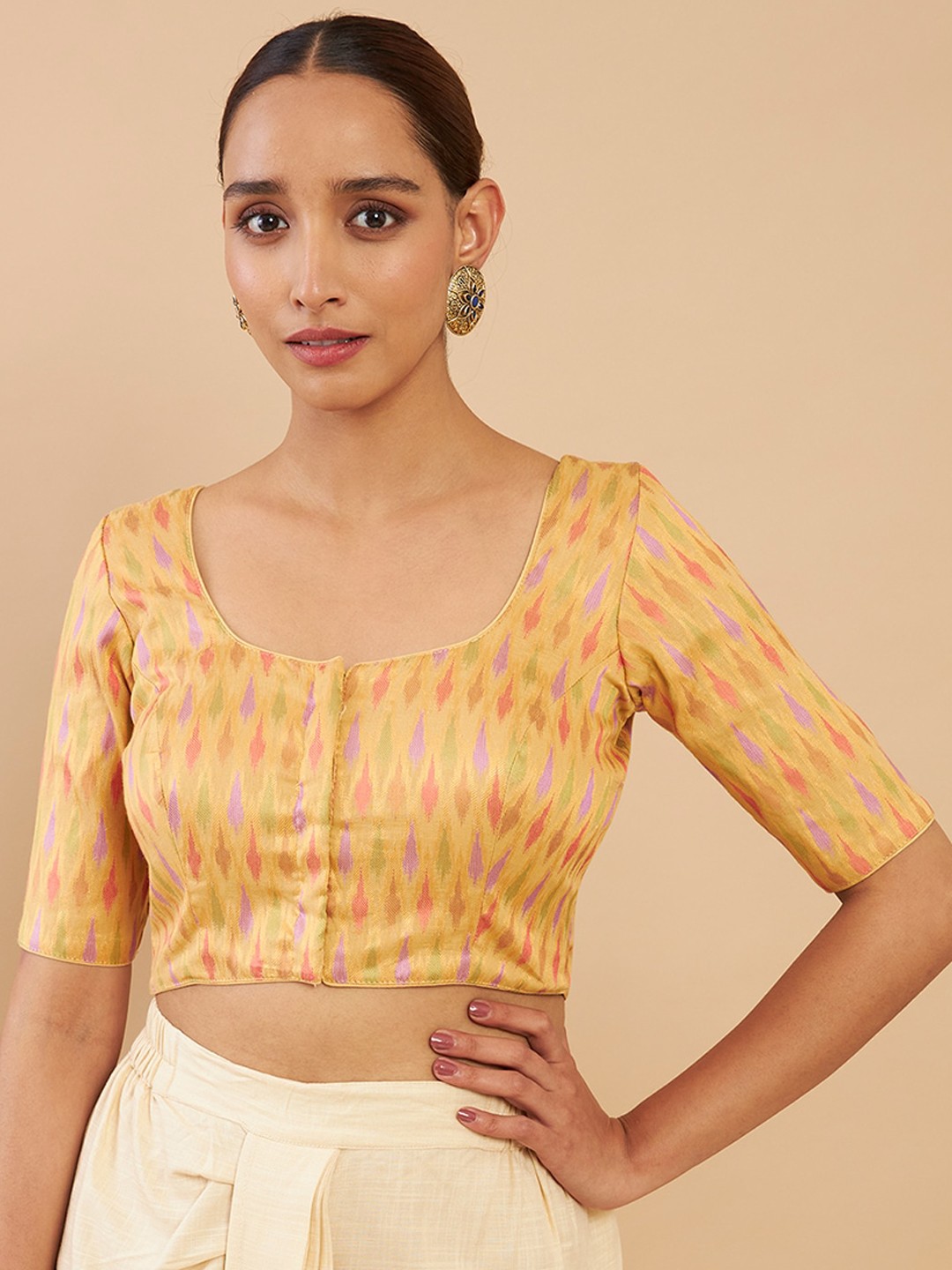 

Soch Golden Ikkat Woven Design Cotton Saree Blouse, Gold