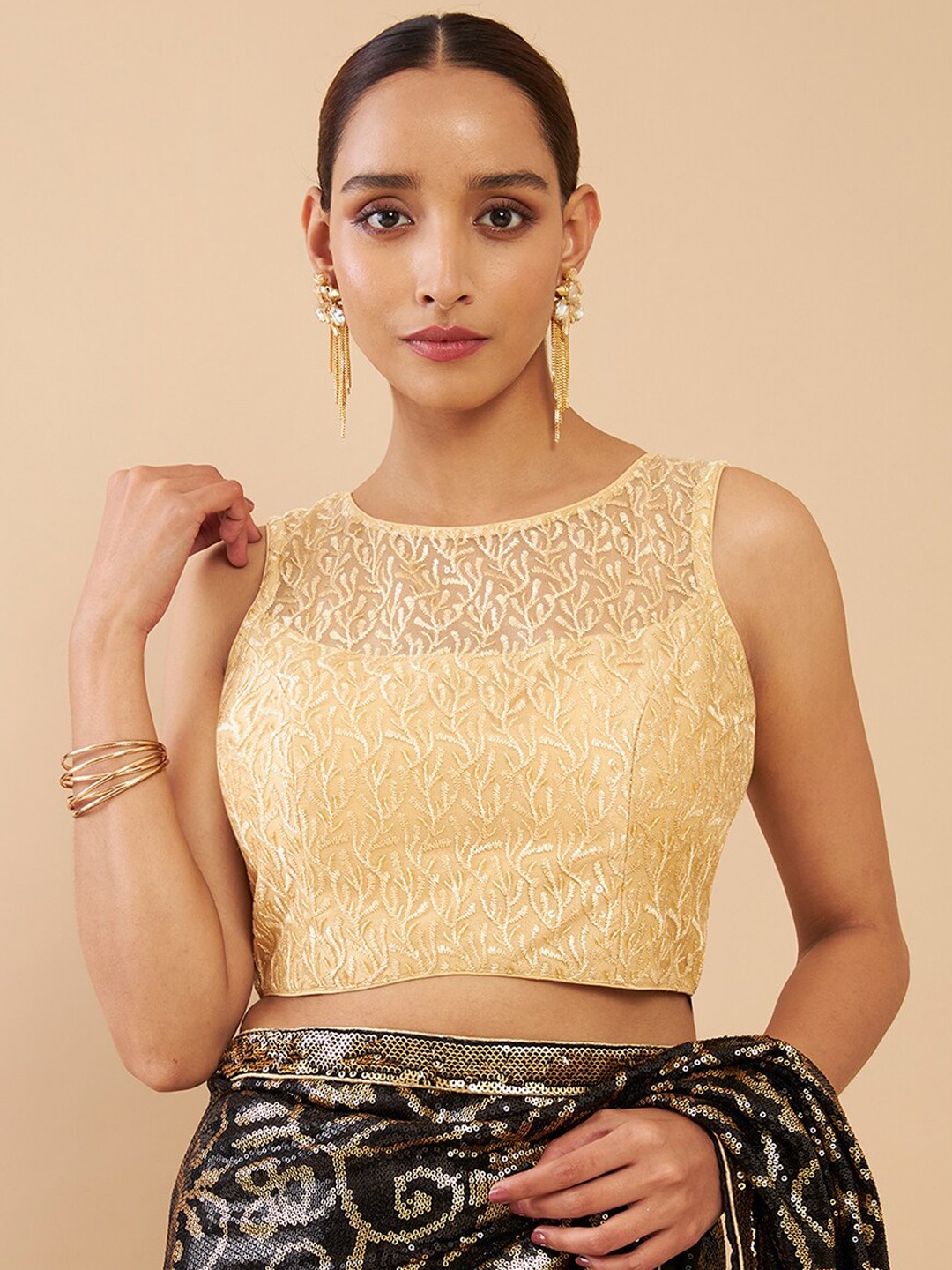 

Soch Golden Embroidered & Sequins Net Saree Blouse, Gold