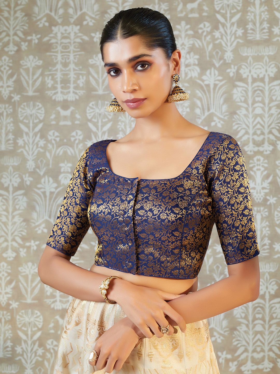 

Soch Women Navy Blue Woven Embroided Saree Blouse