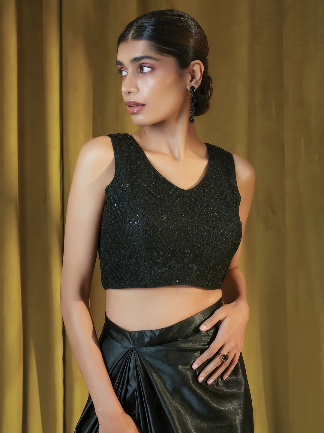 

Soch Black Embellished Sequined Net Saree Blouse