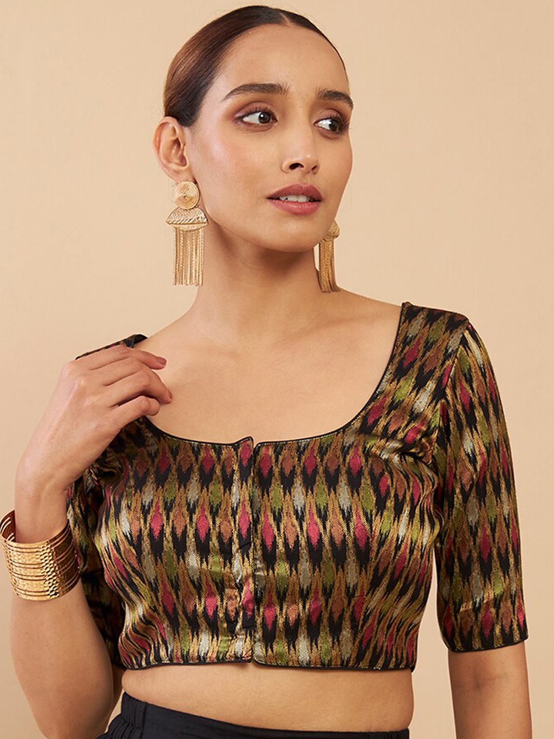 

Soch Black & Gold-Toned Ikat Cotton Saree Blouse