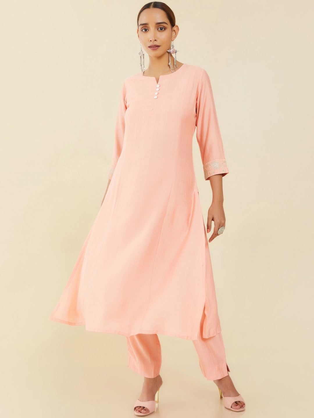 

Soch Women Peach-Coloured Solid Kurta with Trousers