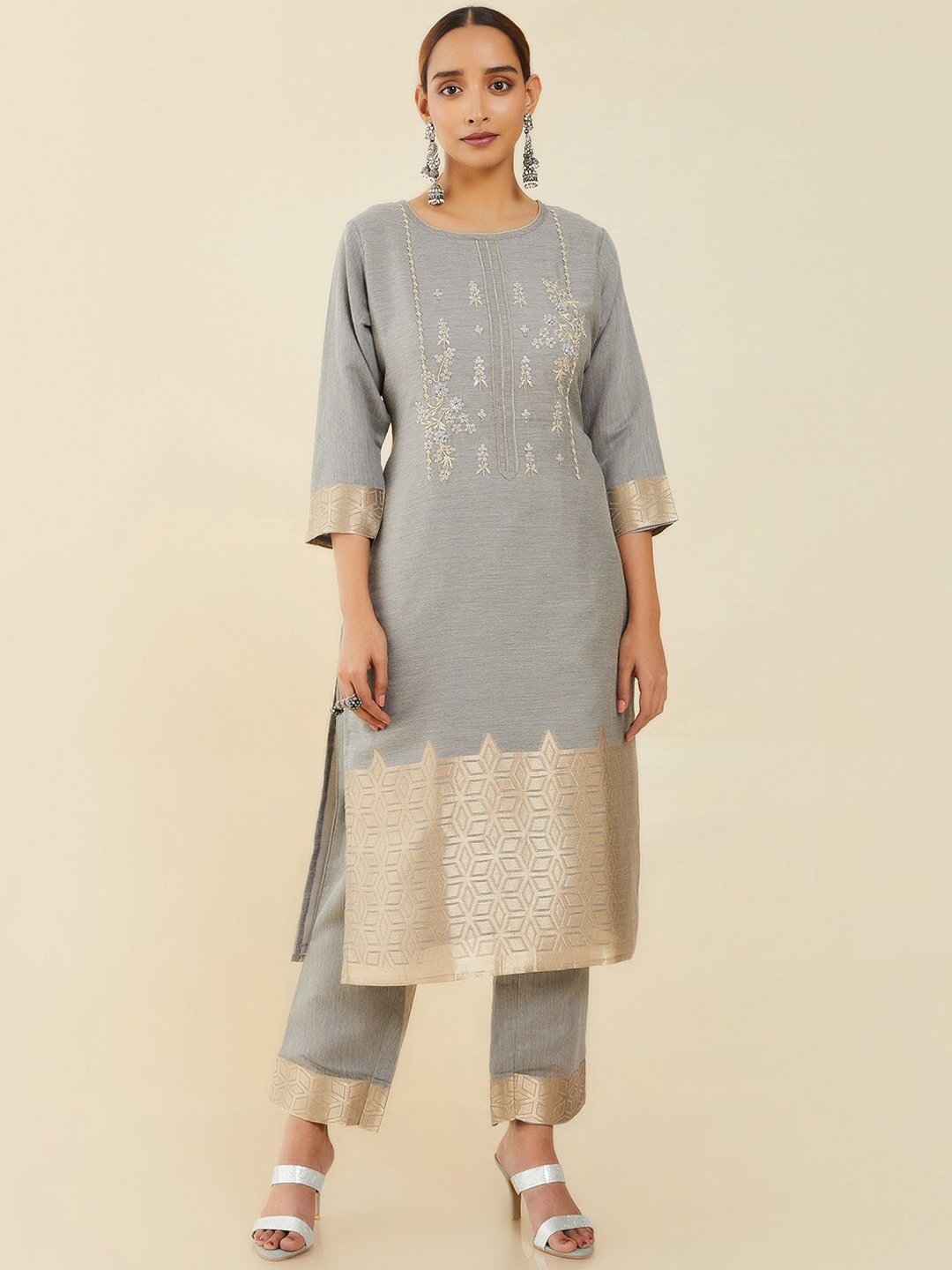 

Soch Women Grey Ethnic Motifs Embroidered Chanderi Cotton Kurta with Trousers