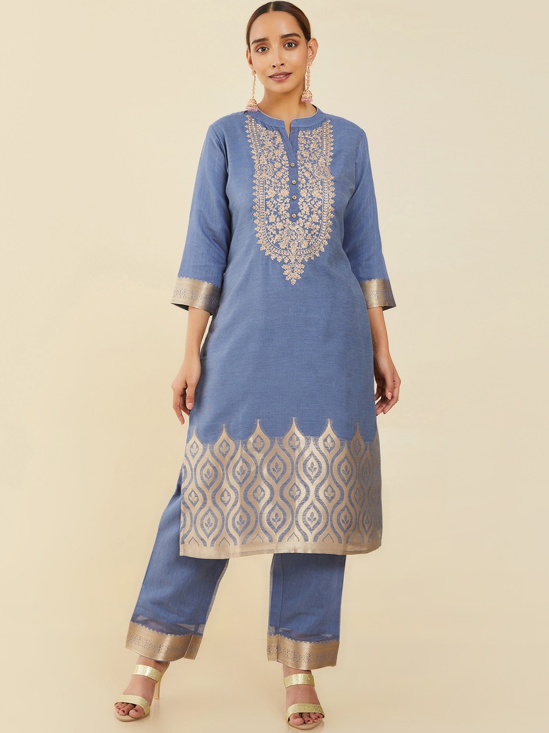 

Soch Women Blue Printed Chanderi Cotton Kurta with Trousers