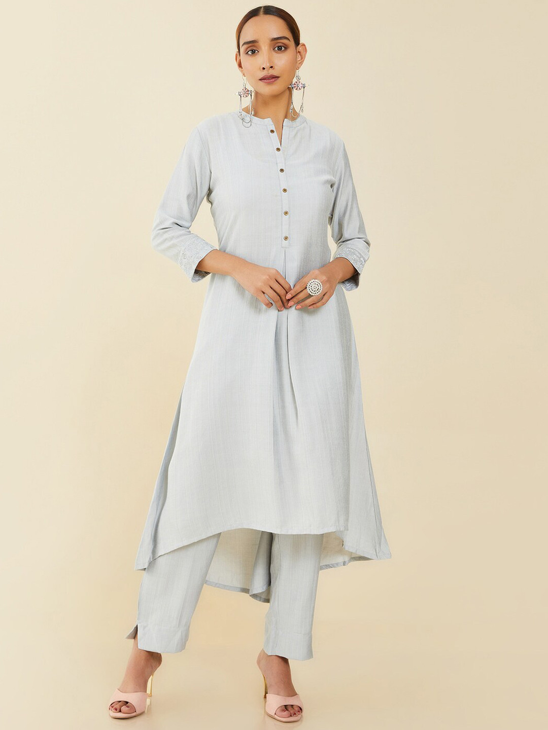 

Soch Women Grey Chanderi Cotton Solid Kurta with Trousers