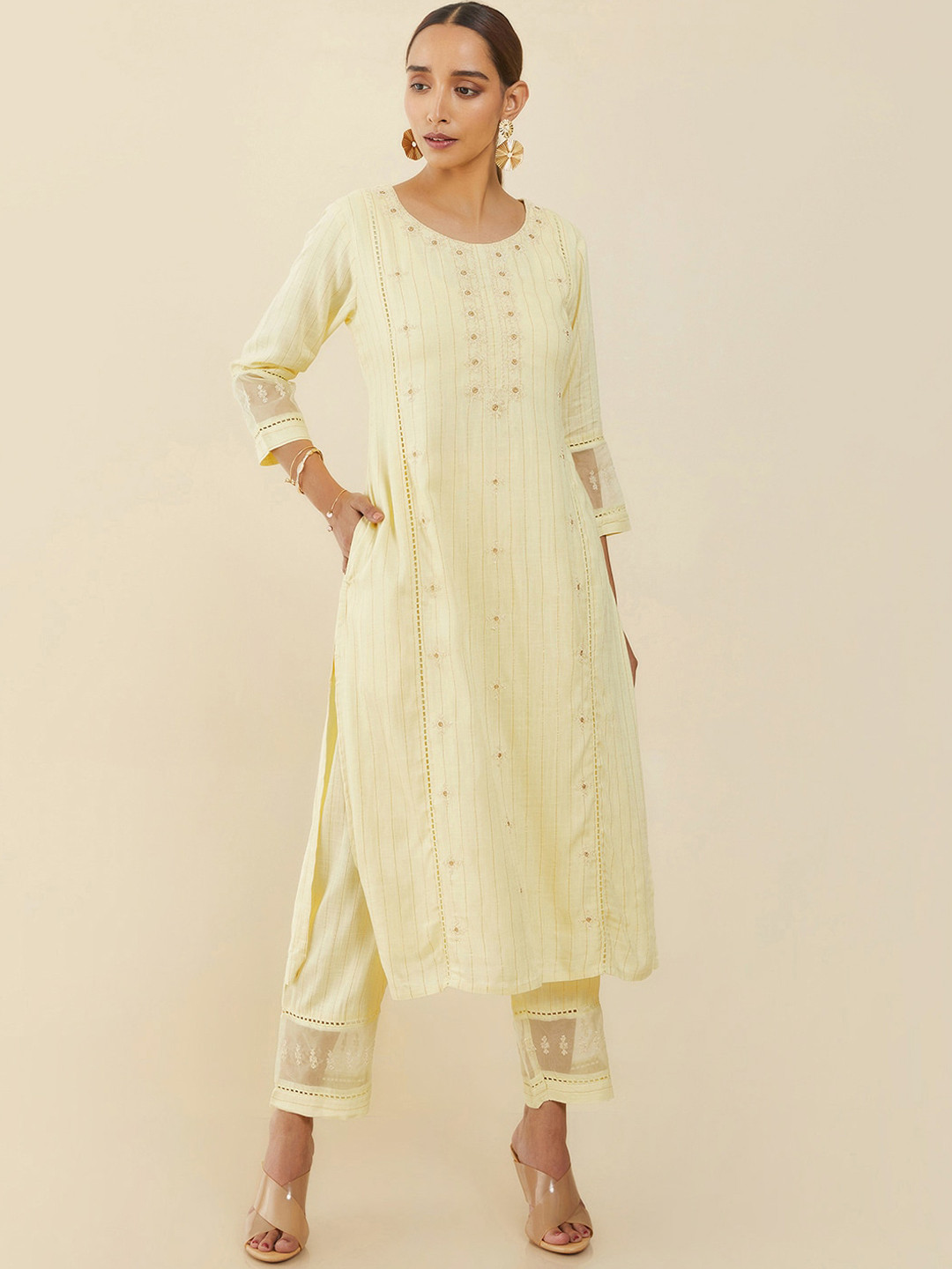 

Soch Women Yellow Striped Straight Fit Kurta with Trousers