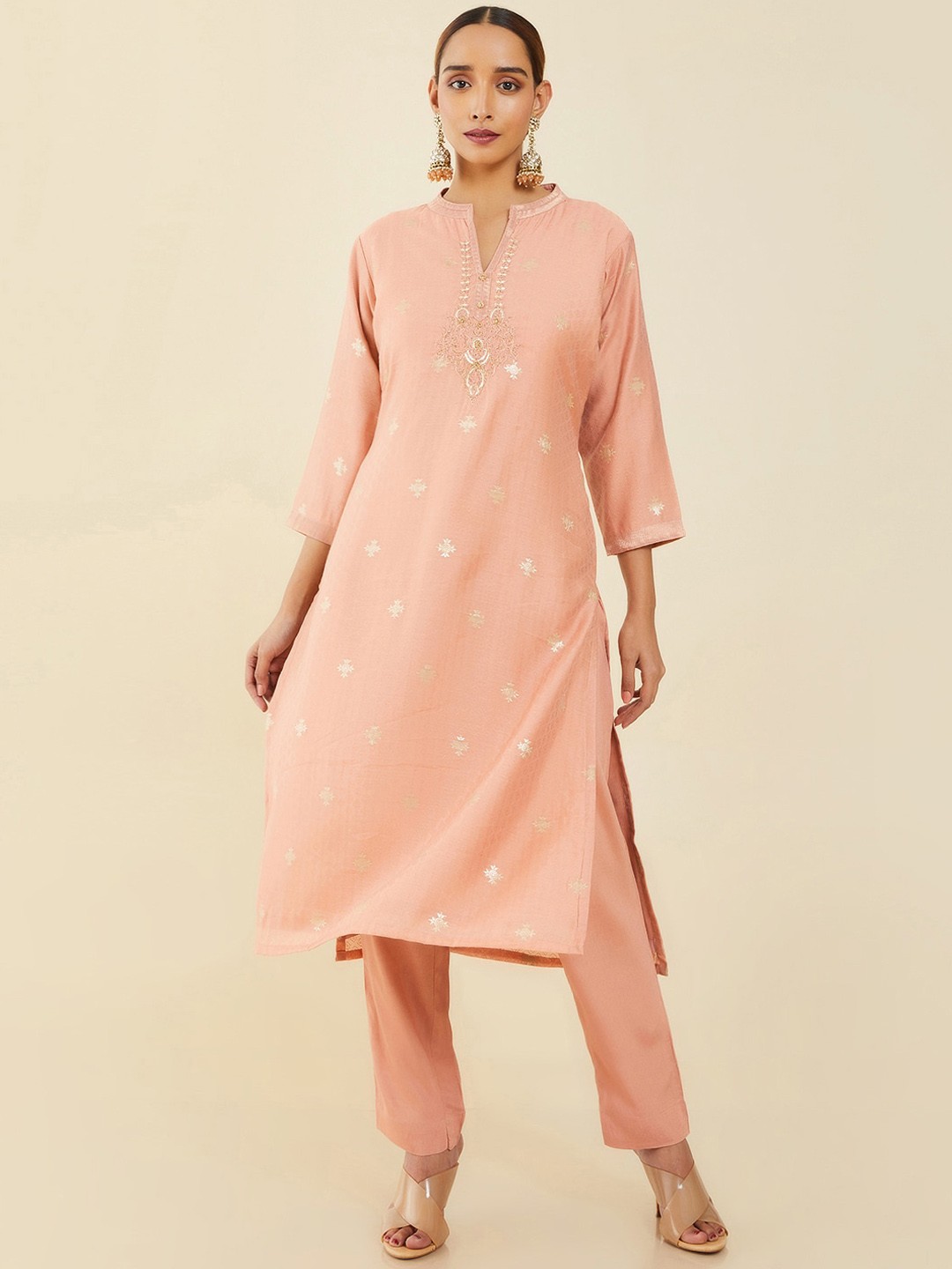 

Soch Women Pink & Gold Embroidered Chanderi Cotton Straight Kurta with Trousers
