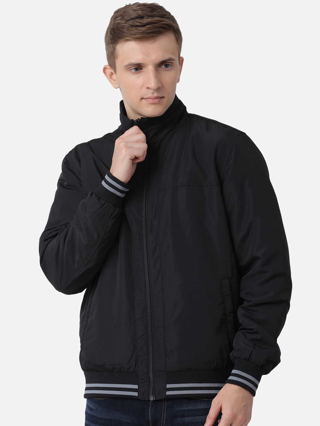 

t-base Men Solid Windcheater Bomber Jacket, Black