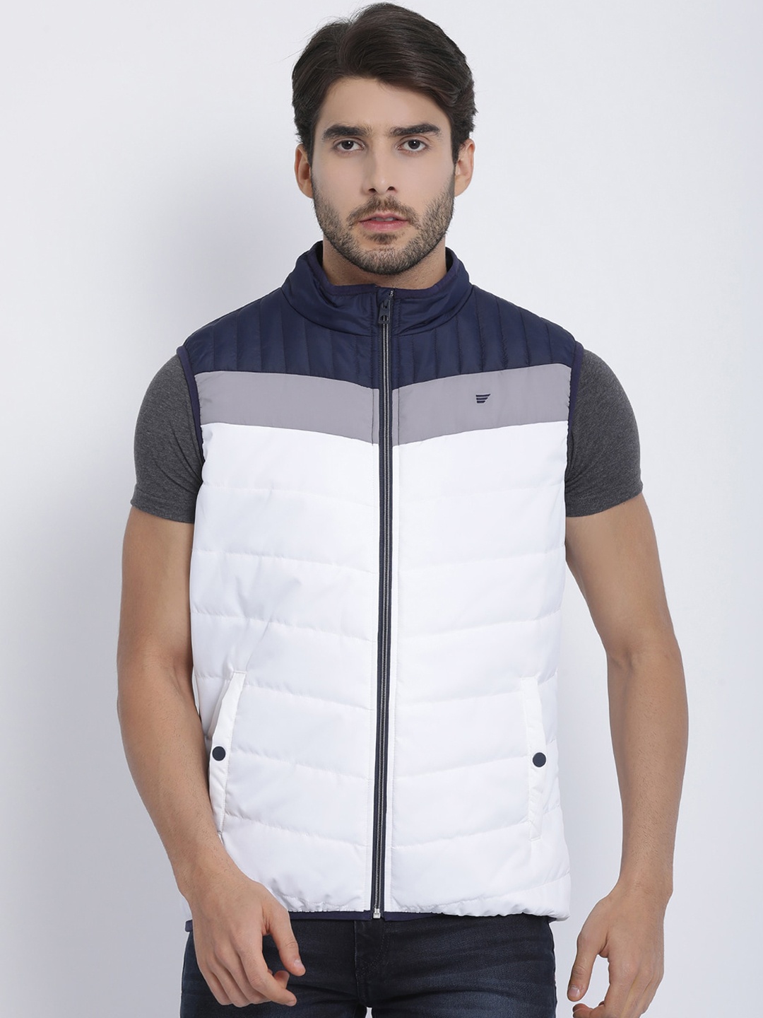 

t-base Men Colourblocked Windcheater Puffer Jacket, White