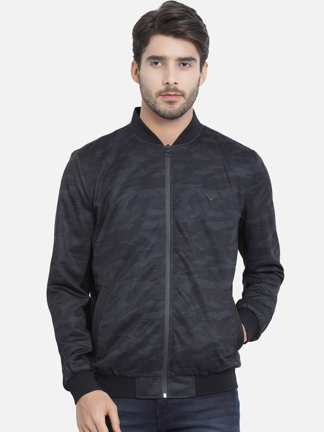 

t-base Men Black Windcheater Printed Bomber Jacket