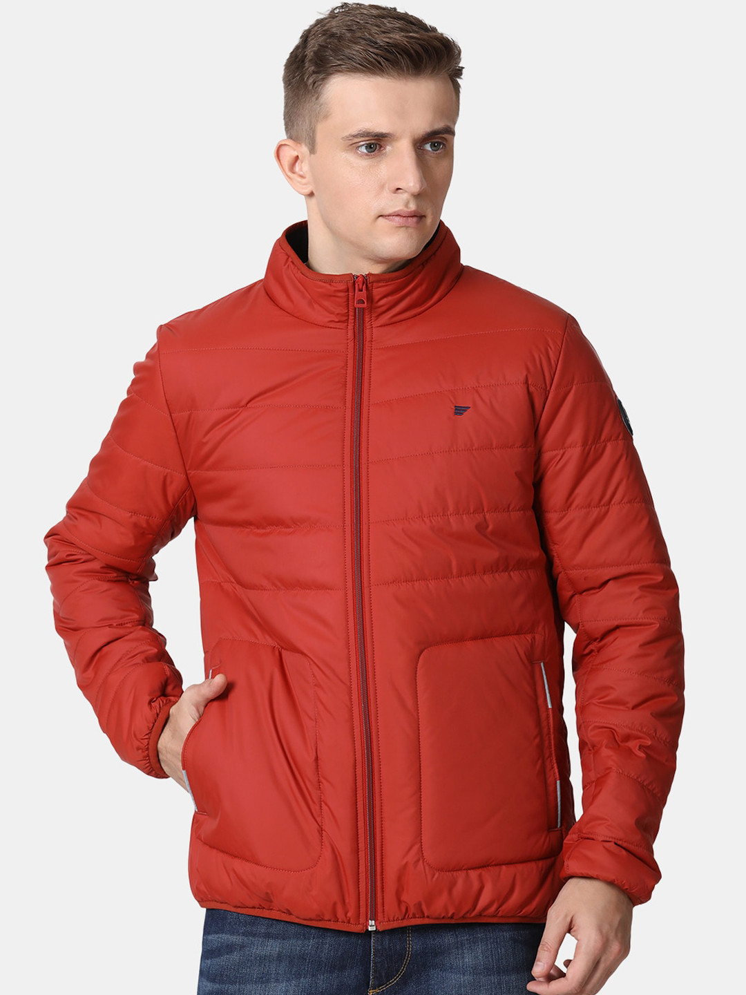 

t-base Men Rust Solid Nylon Windcheater Puffer Jacket