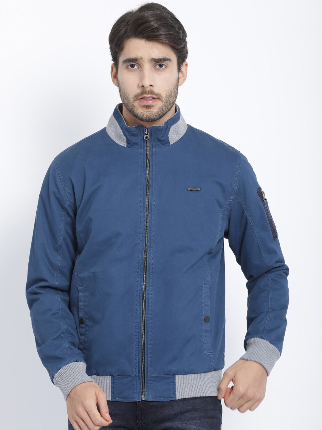 

t-base Men Plus Size Blue Solid Bomber Jacket