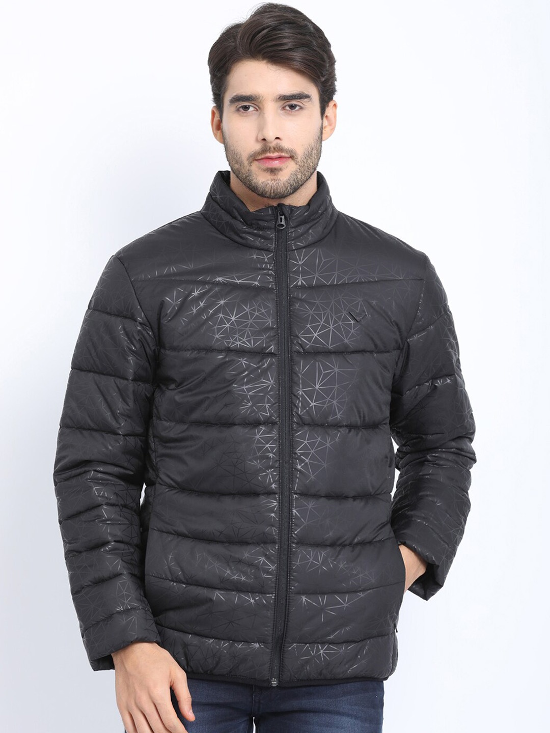

t-base Men Black Geometric Windcheater Puffer Jacket