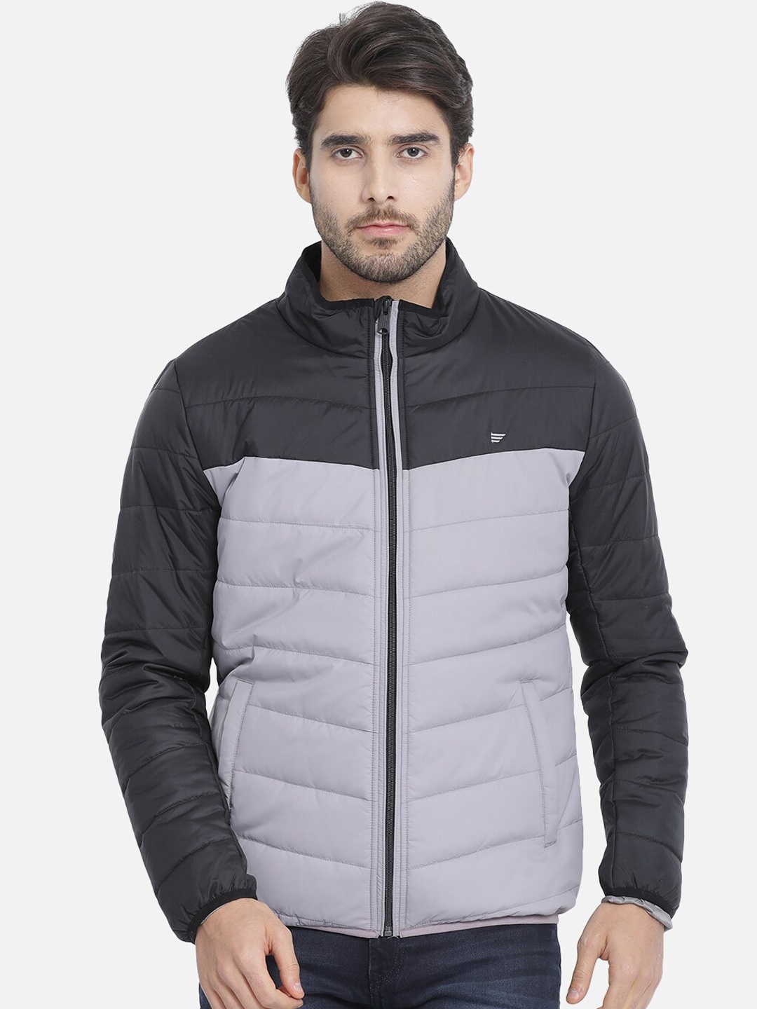 

t-base Men Black Grey Colourblocked Windcheater Puffer Jacket