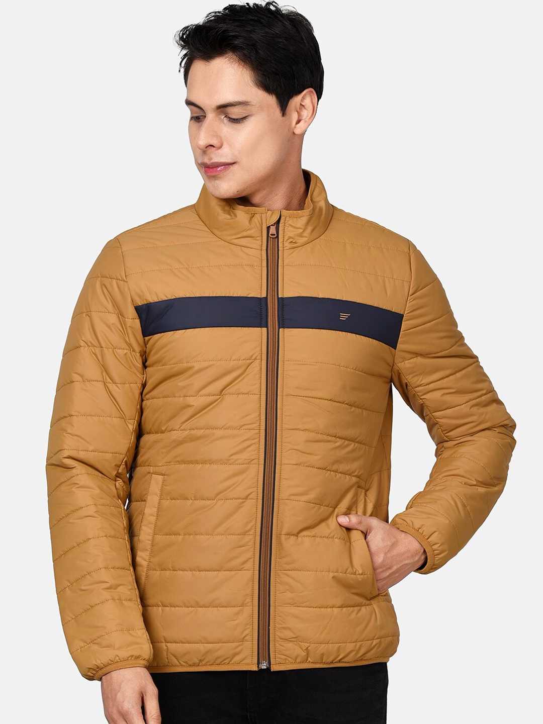 

t-base Men Yellow & Navy Blue Colourblocked Windcheater Puffer Jacket