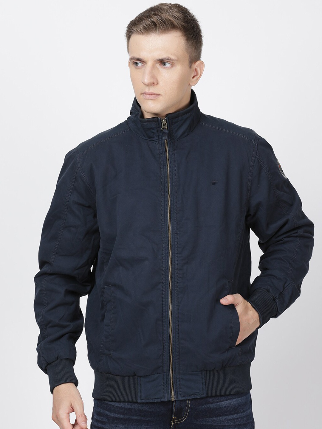 

t-base Men Navy Blue Windcheater Cotton Bomber Jacket