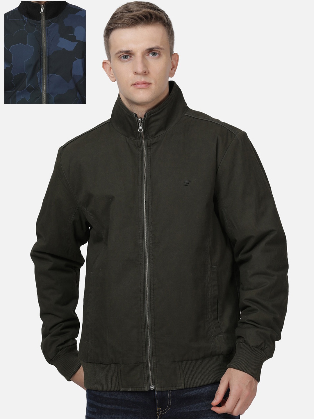 

t-base Men Olive Green & Blue Windcheater Reversible Bomber Jacket