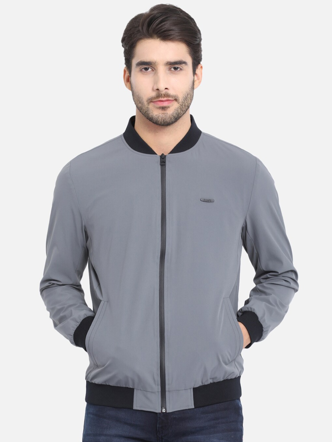 

t-base Men Grey Solid Windcheater Bomber Jacket