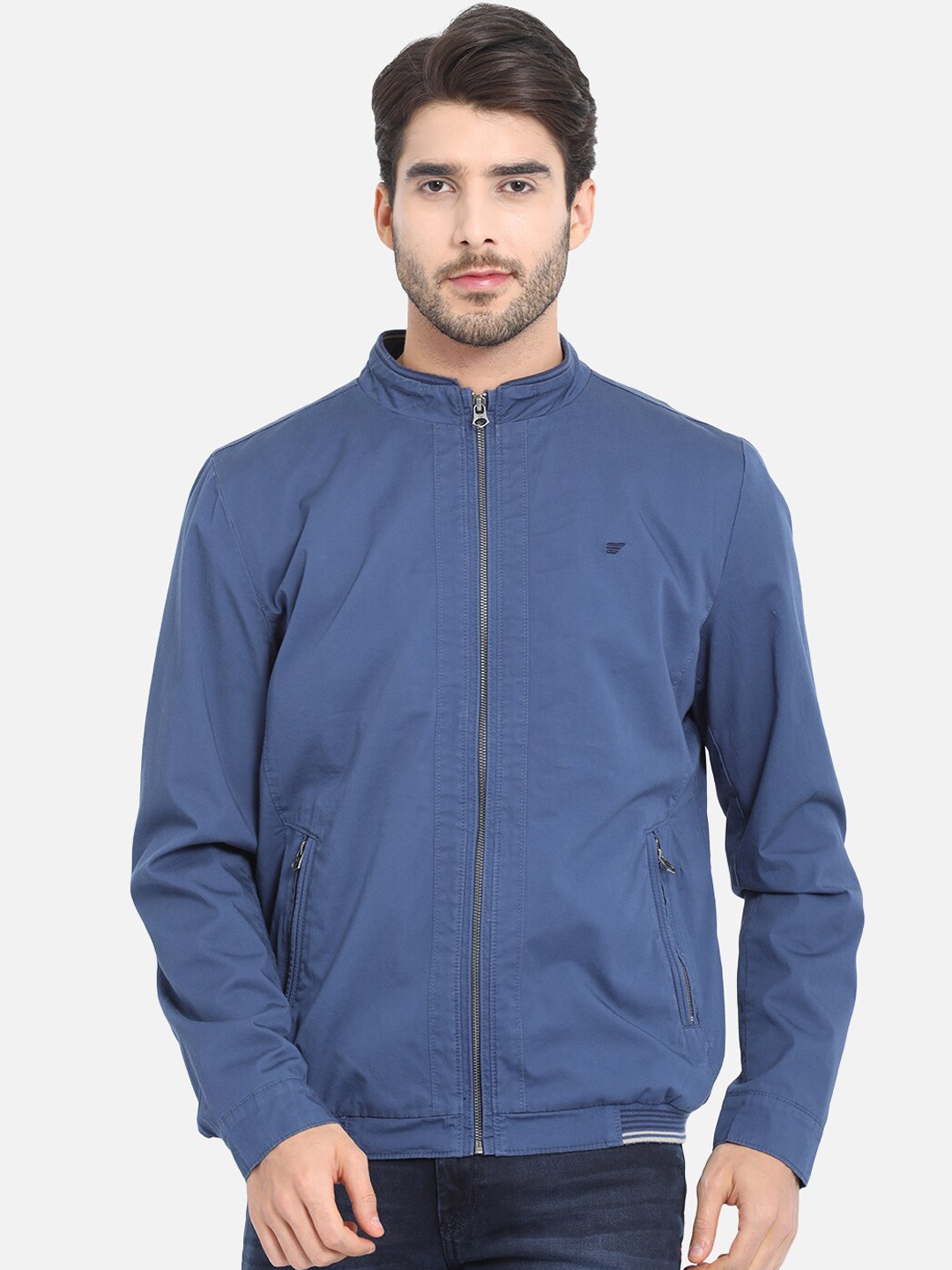 

t-base Men Blue Solid Windcheater Bomber Jacket