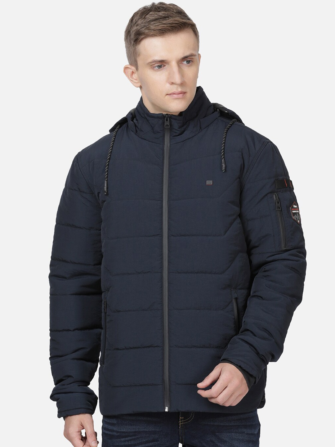 

t-base Men Navy Blue Windcheater With Hood Puffer Jacket