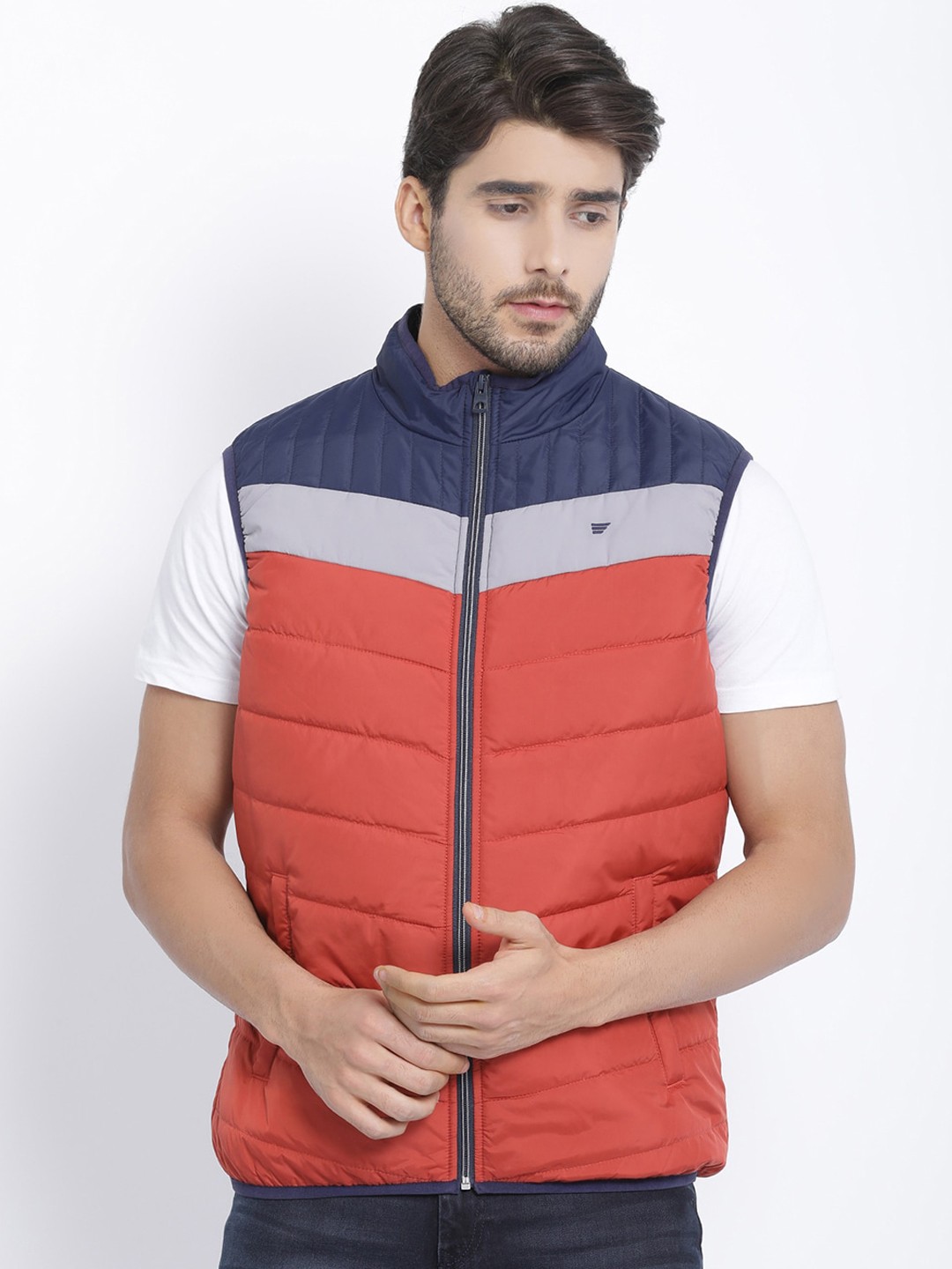 

t-base Men Red Navy Blue Colourblocked Windcheater Puffer Jacket
