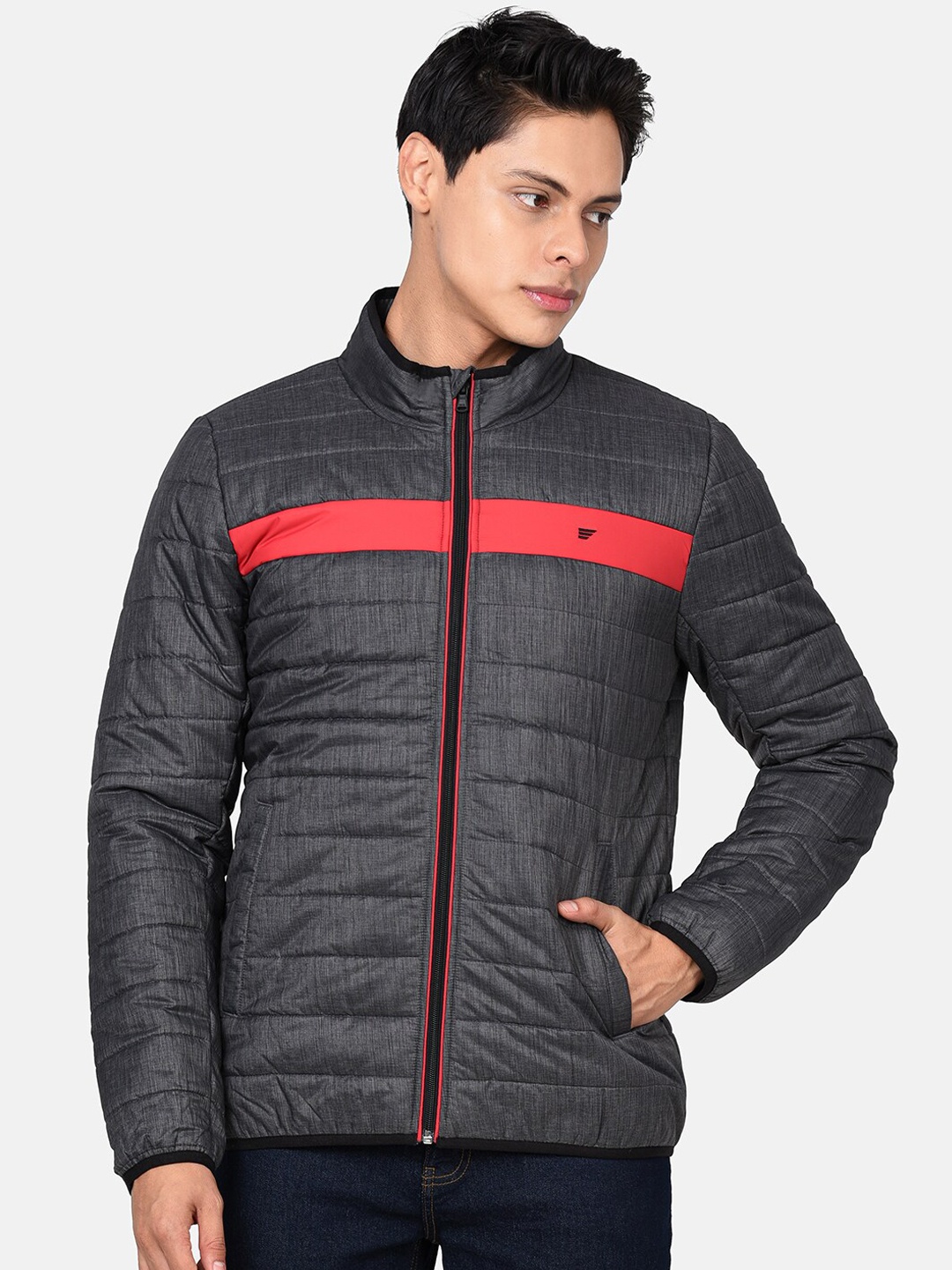 

t-base Men Grey Red Colourblocked Windcheater Padded Jacket