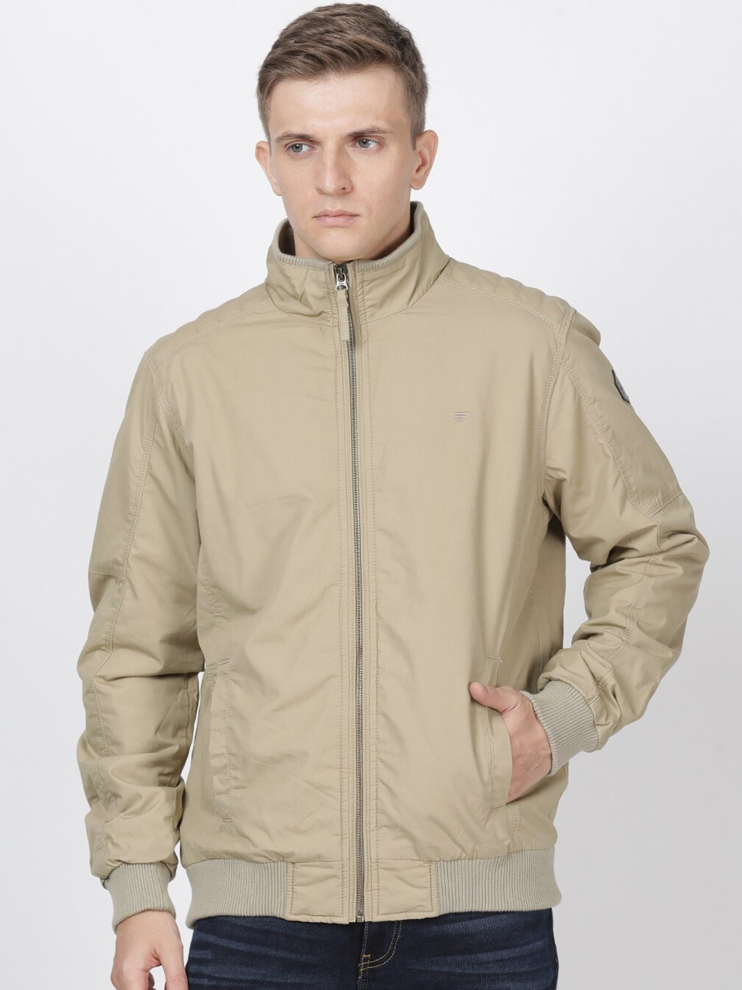 

t-base Men Beige Solid Windcheater Bomber Jacket