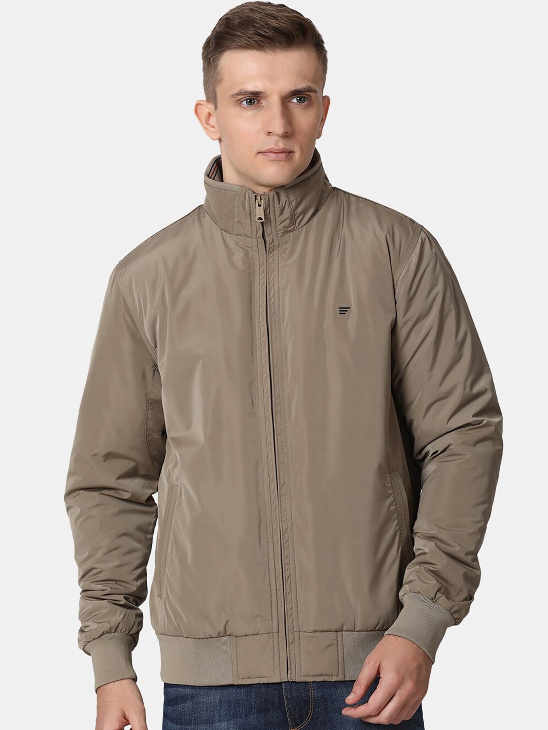 

t-base Men Beige Solid Windcheater Bomber Jacket