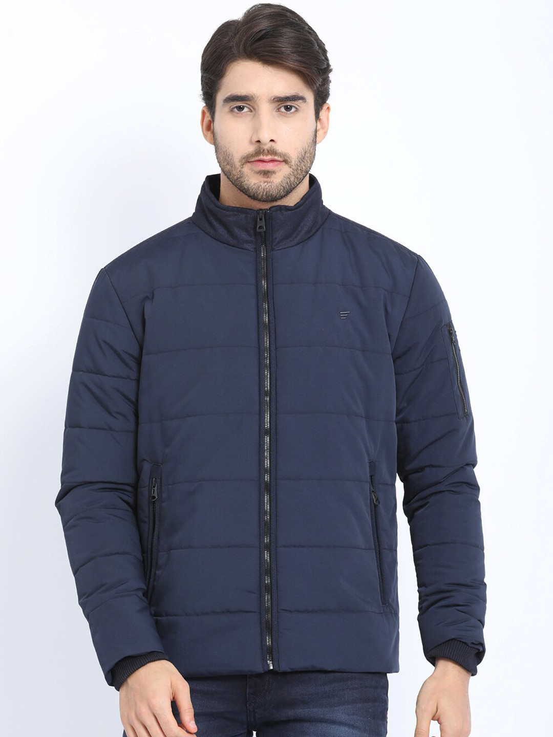 

t-base Men Navy Blue Solid Windcheater Puffer Jacket