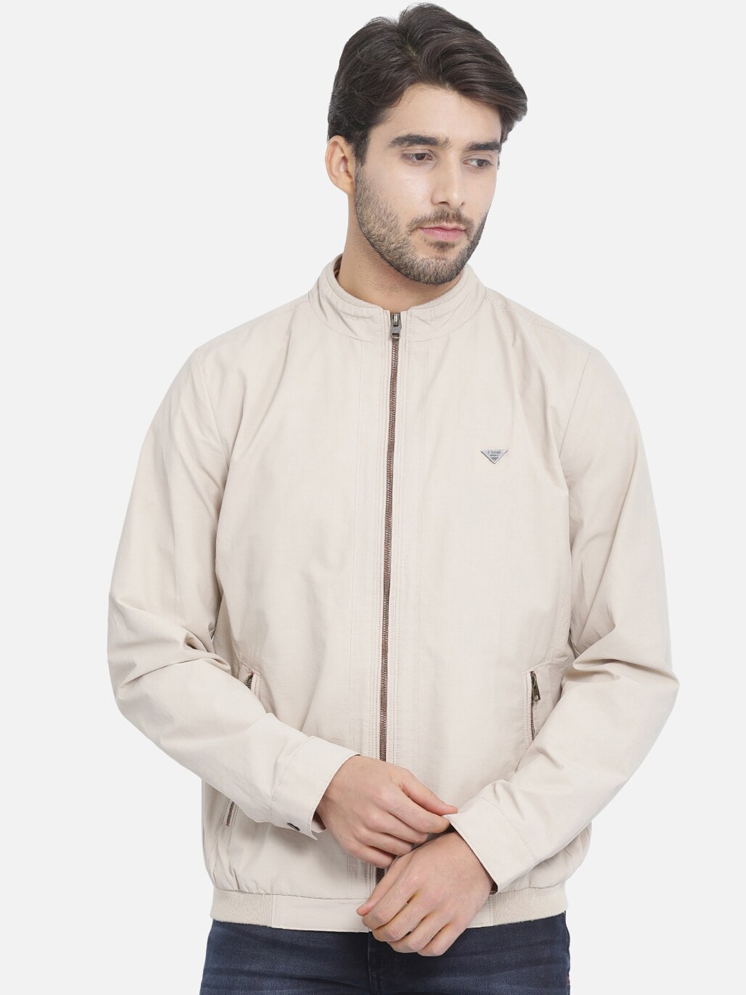 

t-base Men White Solid Windcheater Bomber Jacket