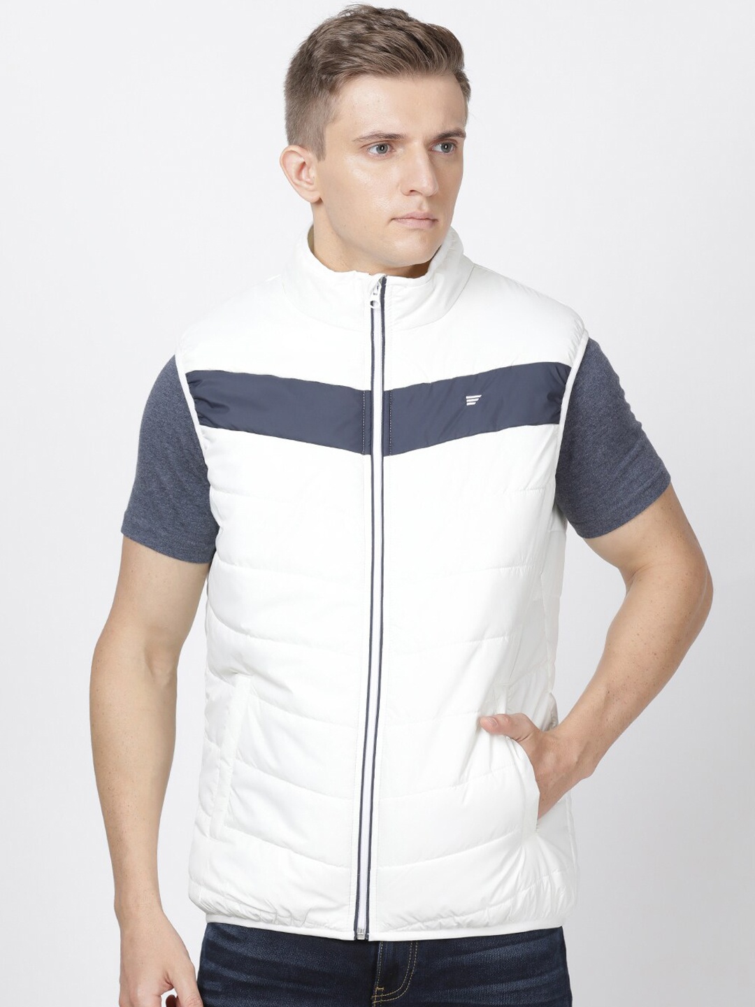 

t-base Men White & Charcoal Colourblocked Sleeveless Padded Jacket