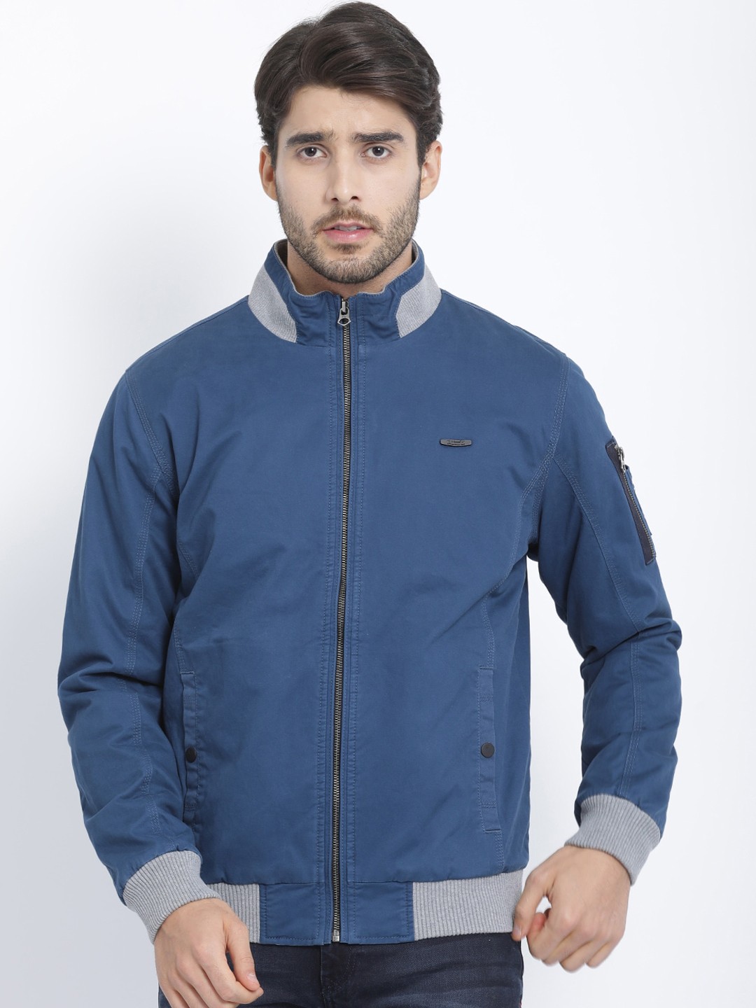

t-base Men Blue Cotton Windcheater Bomber Jacket