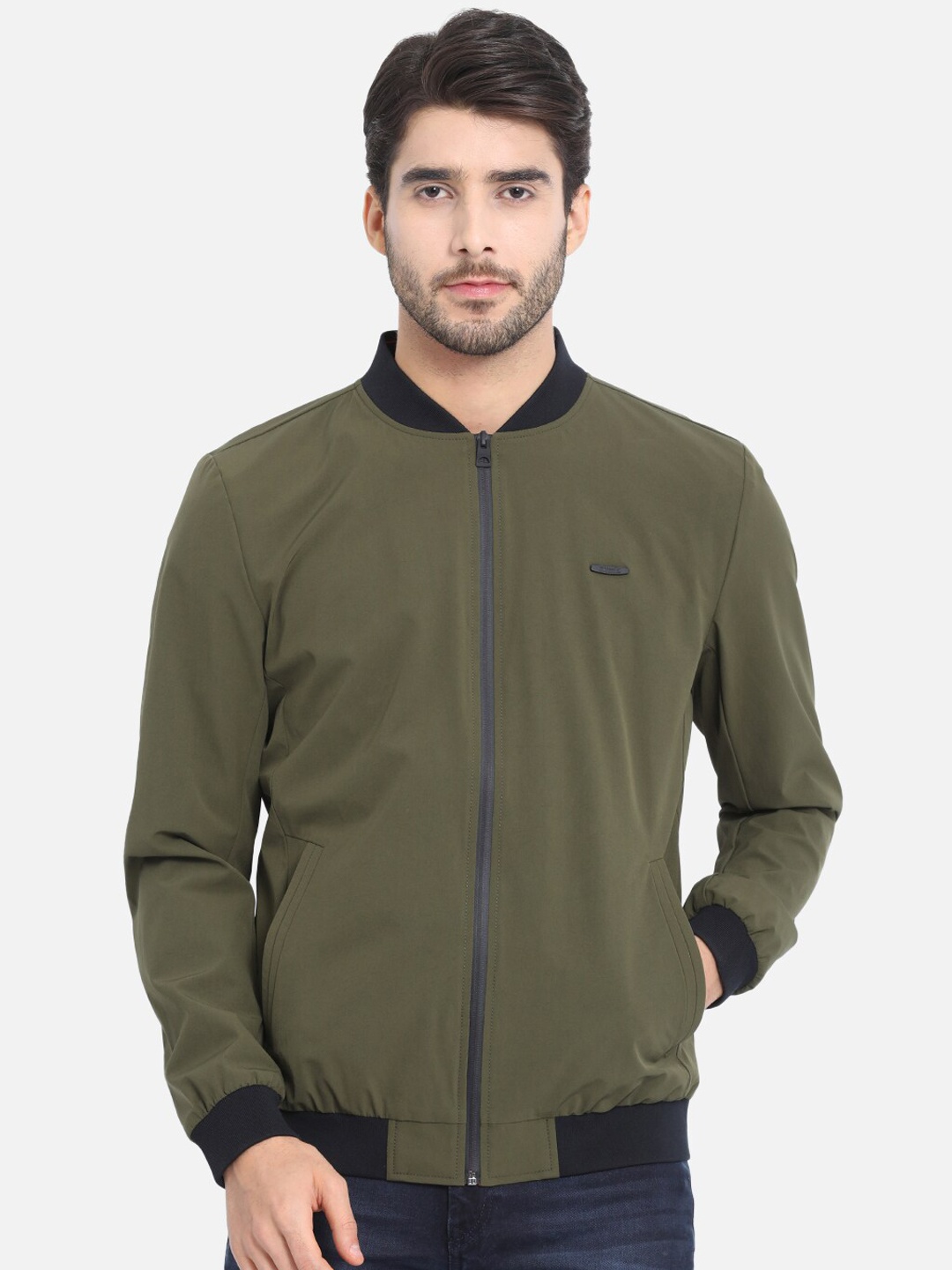 

t-base Men Olive Green & Black Windcheater Bomber Jacket