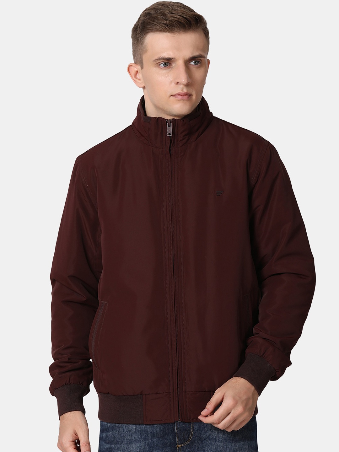 

t-base Men Plus Size Burgundy Solid Windcheater Bomber Jacket