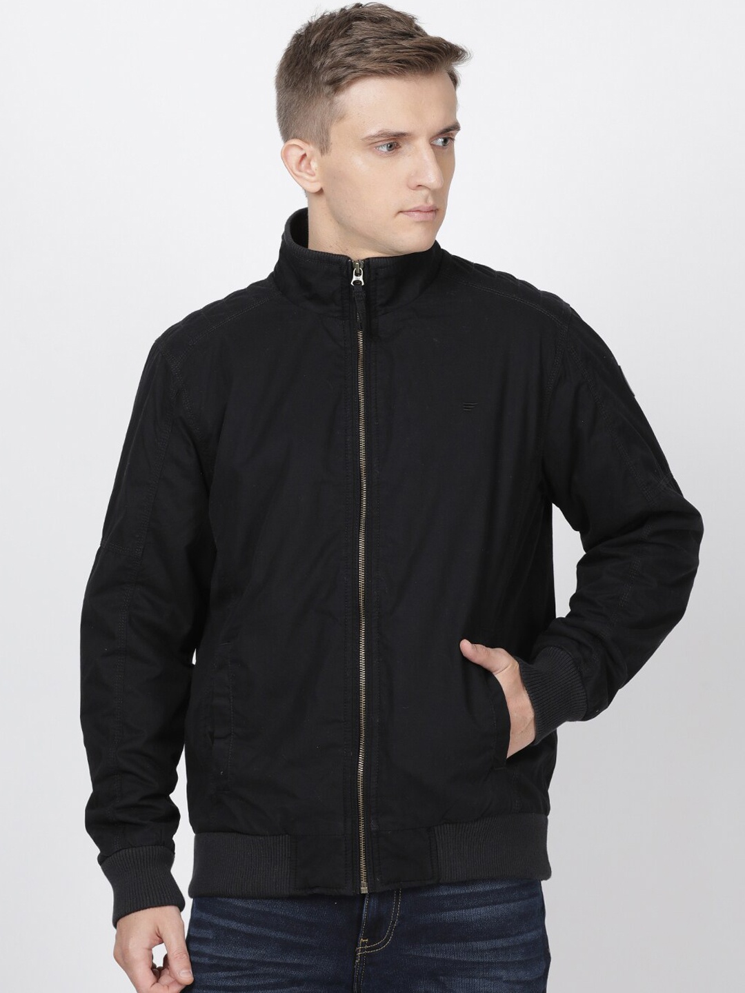 

t-base Men Black Solid Windcheater Bomber Jacket
