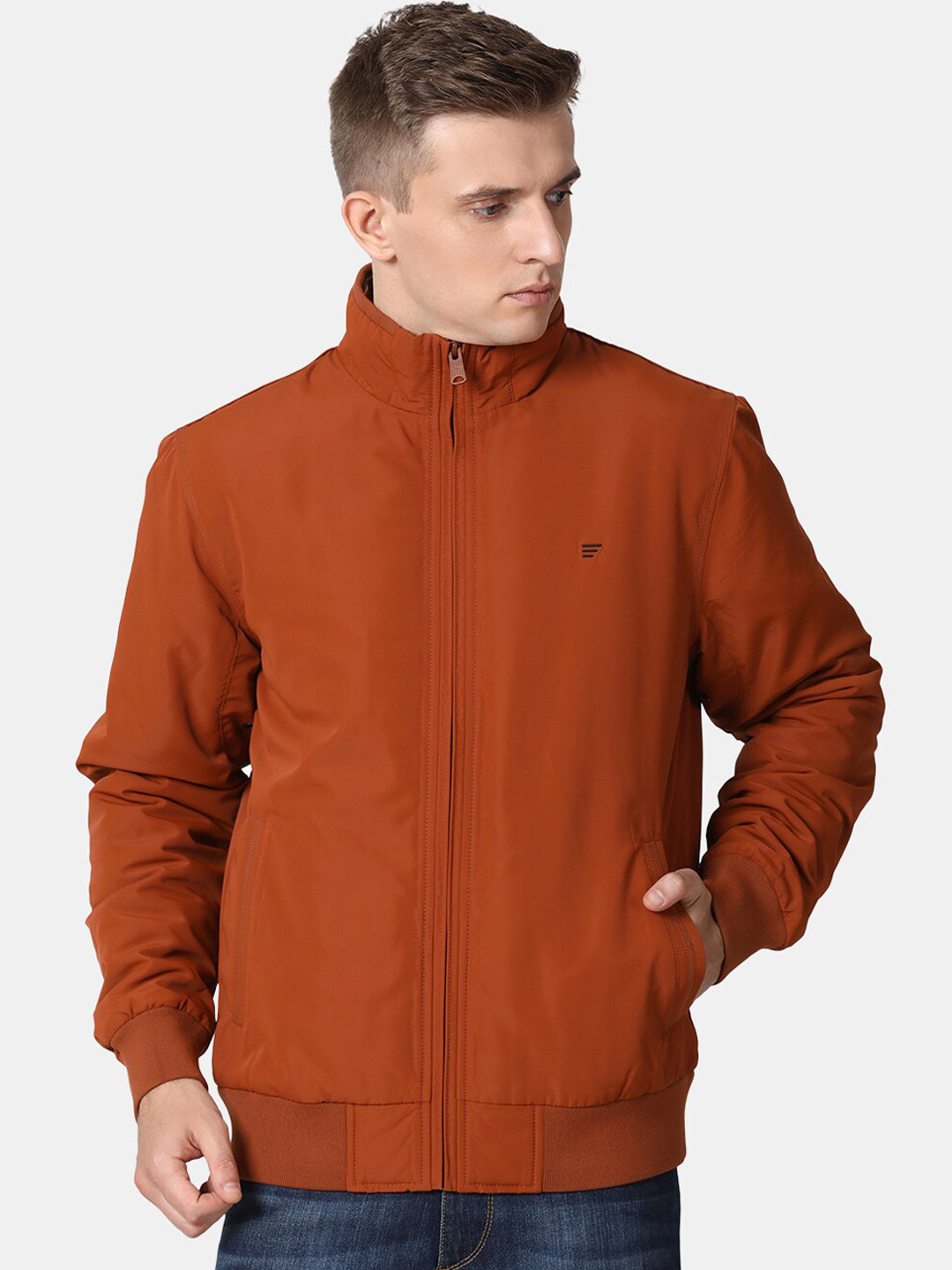

t-base Men Plus Size Rust Red Solid Windcheater Bomber Jacket