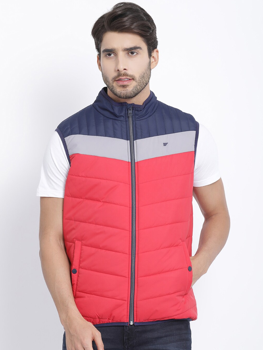

t-base Men Red Navy Blue Colourblocked Windcheater Puffer Jacket