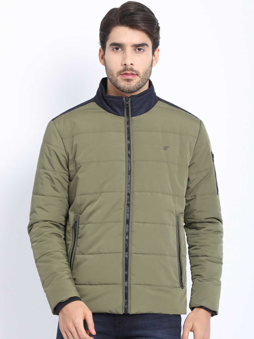 

t-base Men Olive Green Solid Windcheater Padded Jacket