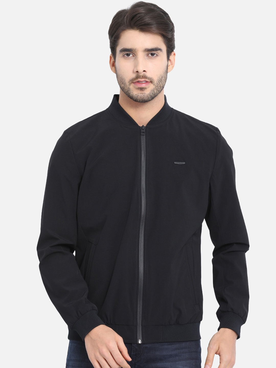 

t-base Men Black Solid Windcheater Bomber Jacket
