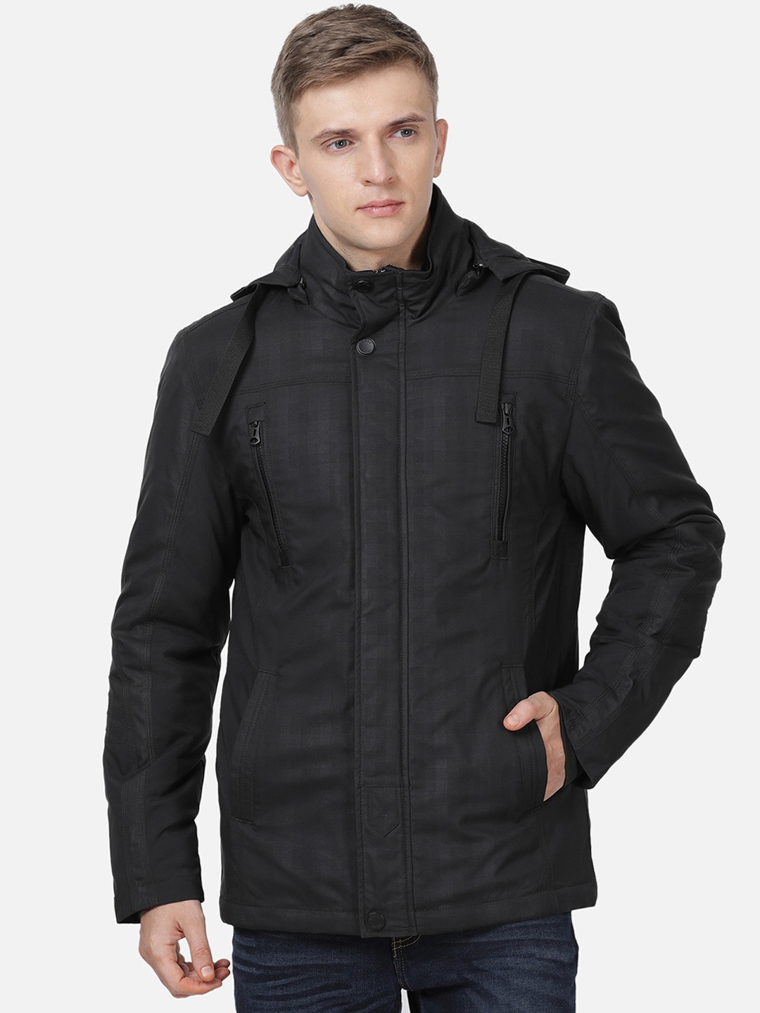 

t-base Men Black Solid Windcheater Quilted Jacket