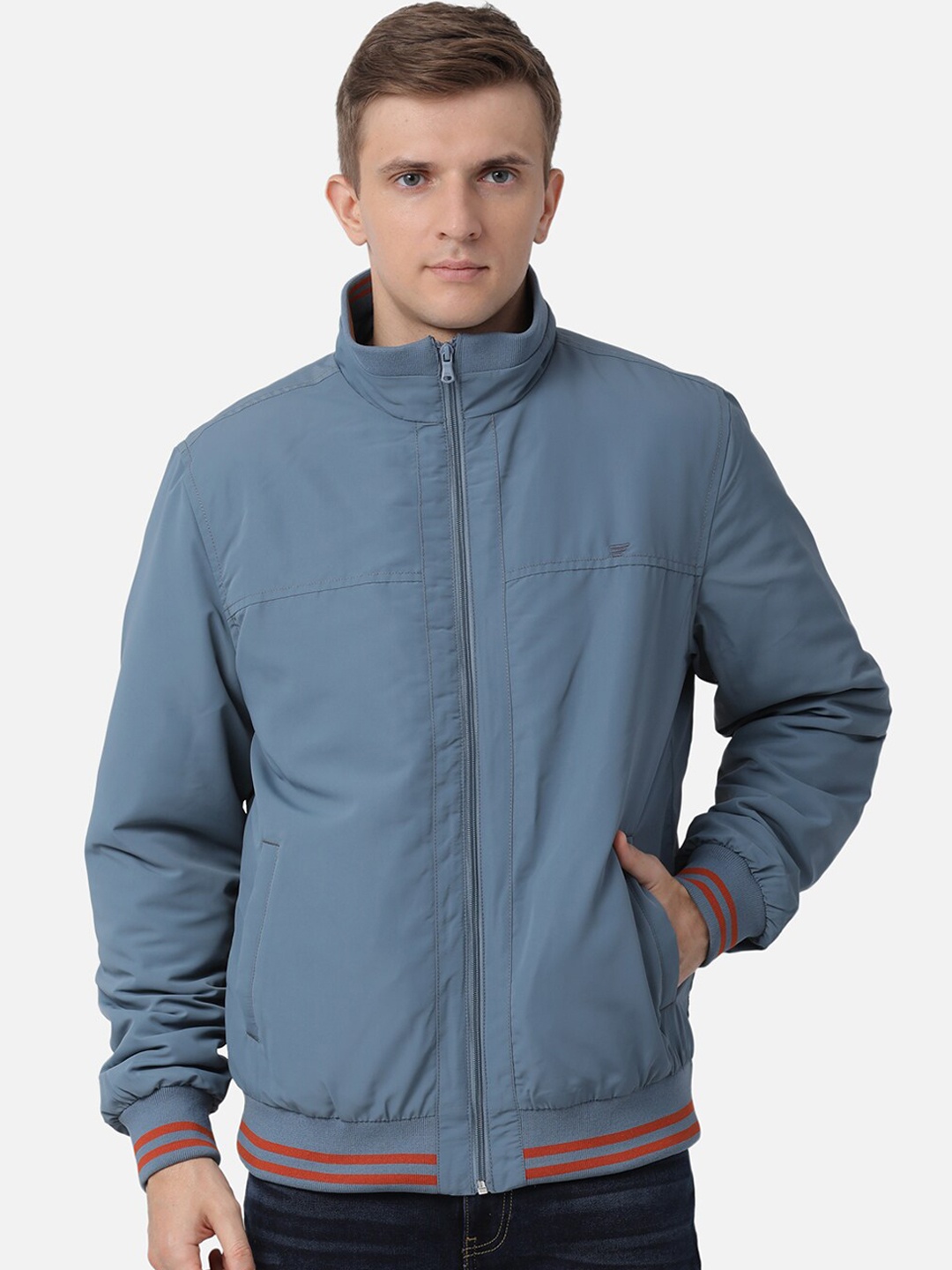 

t-base Men Blue Solid Polyester Bomber Jacket