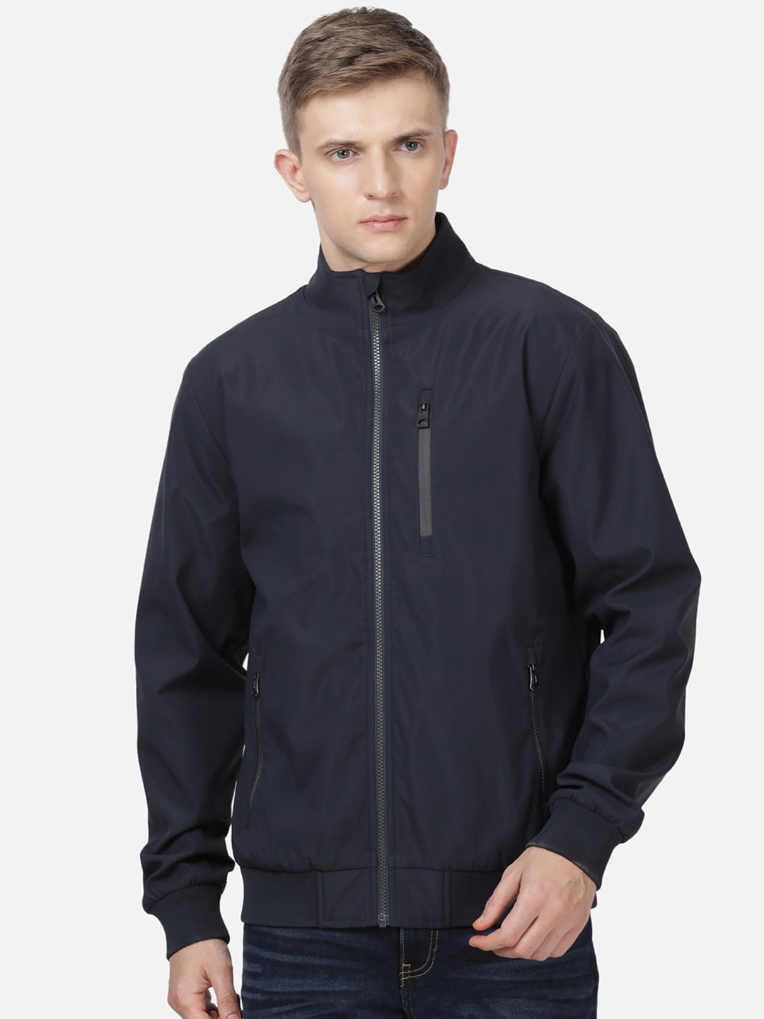 

t-base Men Navy Blue Solid Windcheater Bomber Jacket