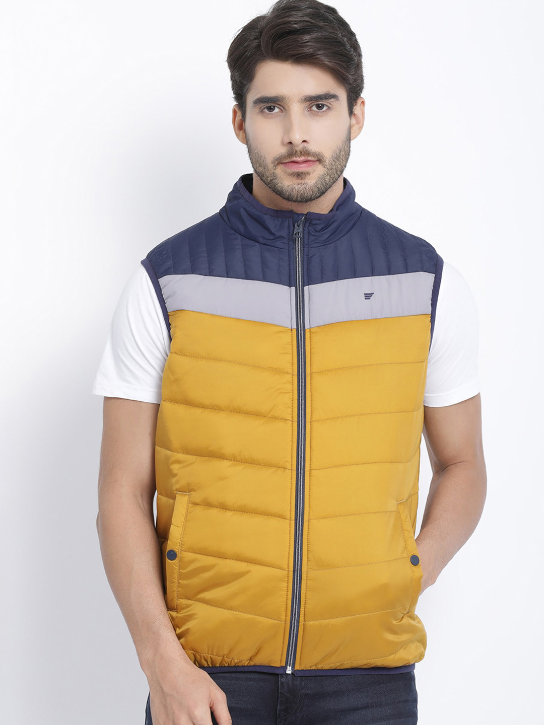 

t-base Men Yellow Colourblocked Windcheater Sleeveless Puffer Jacket