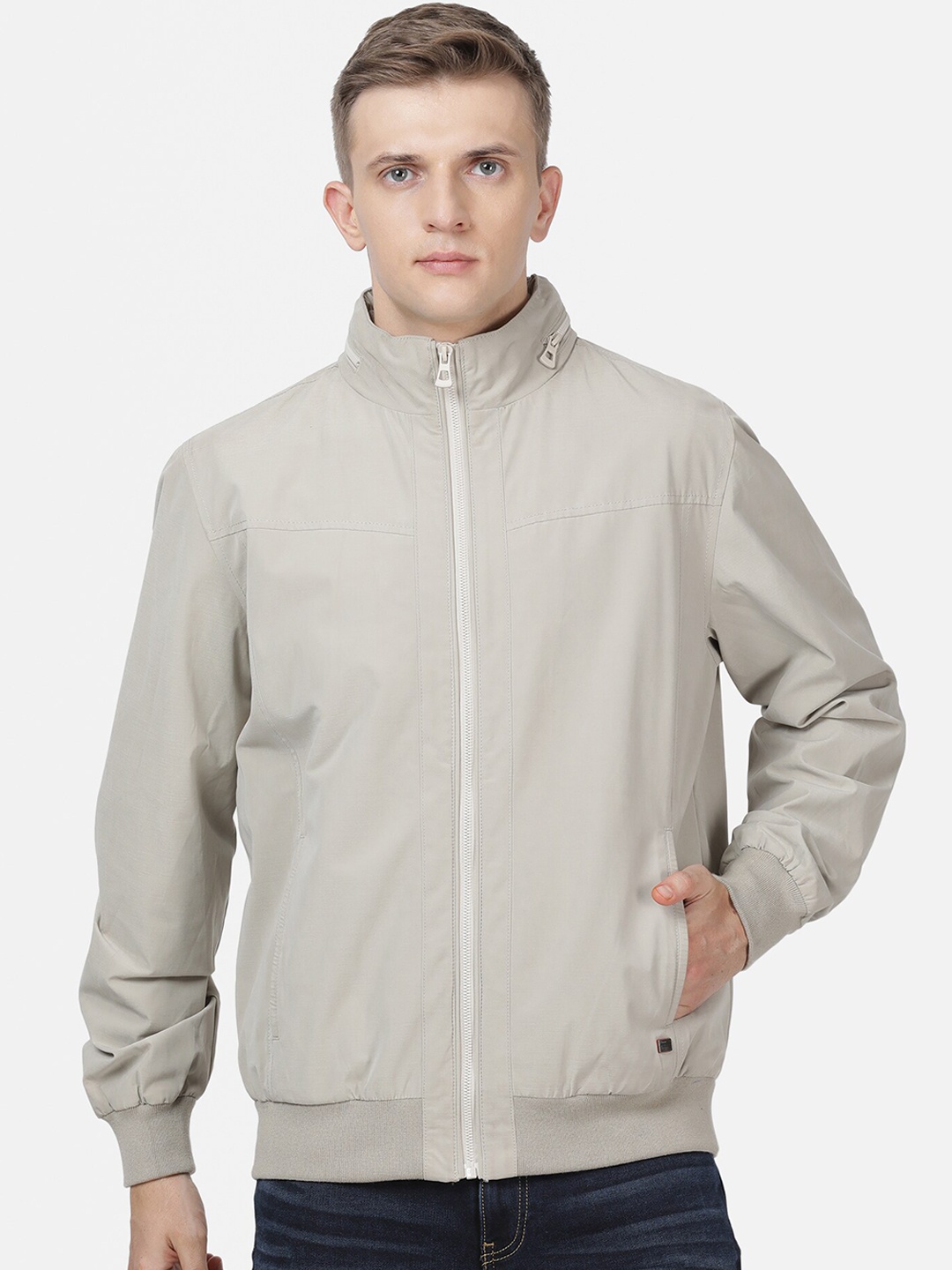 

t-base Men Cream Solid Cotton Long Sleeves Bomber Jacket